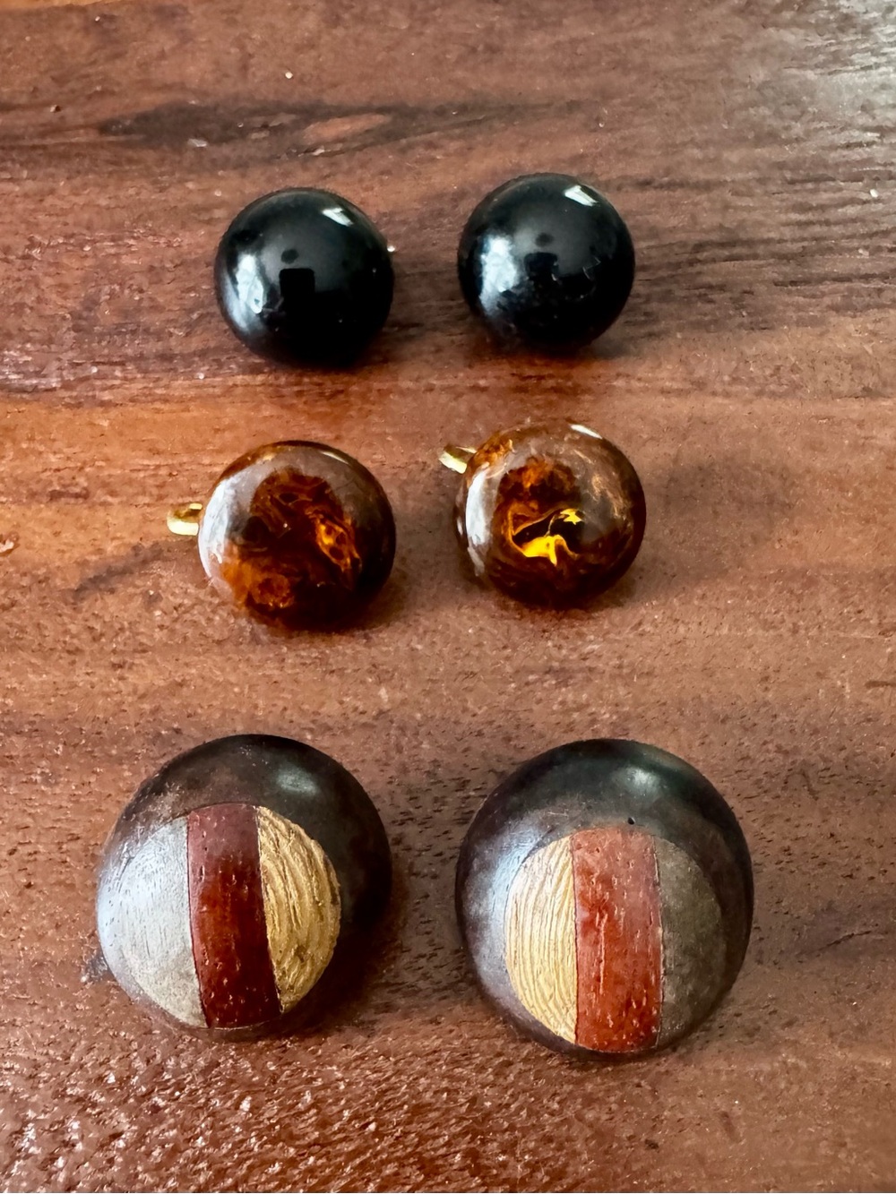 3 Pair Vintage MCM 1960s Clip On Earrings Inlay Wood Bakelite Plastic
